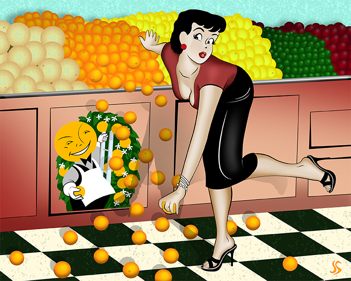 grocery store pin up cartoon style falling oranges